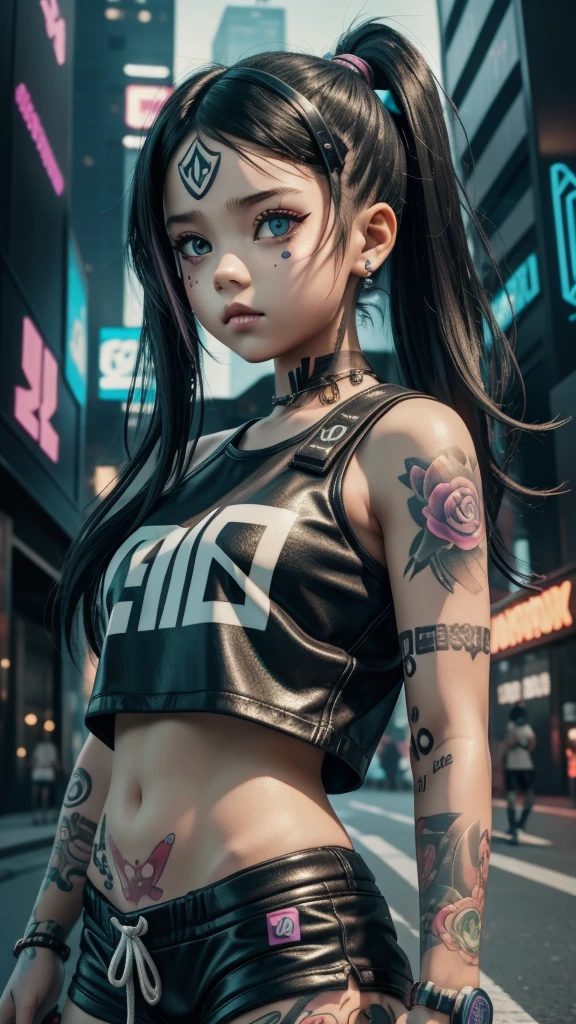 a close up of a 10 year old girl with tattoos on their face, cyberpunk art, trending on cg society, digital art, render of a cute 3d anime girl, she is wearing streetwear, cute cartoon style, jojo anime style