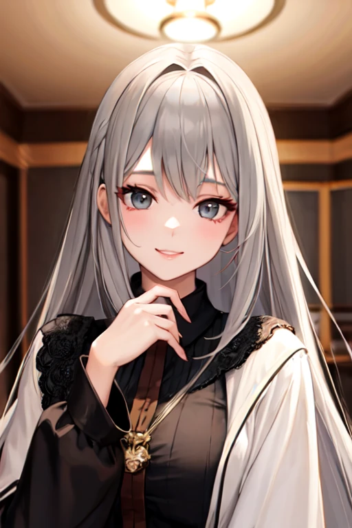 ((Highest quality)), ((masterpiece)), (detailed), One girl, Grey Hair、Long Hair、Slanted Eyeature smile、Calm and cute clothes、