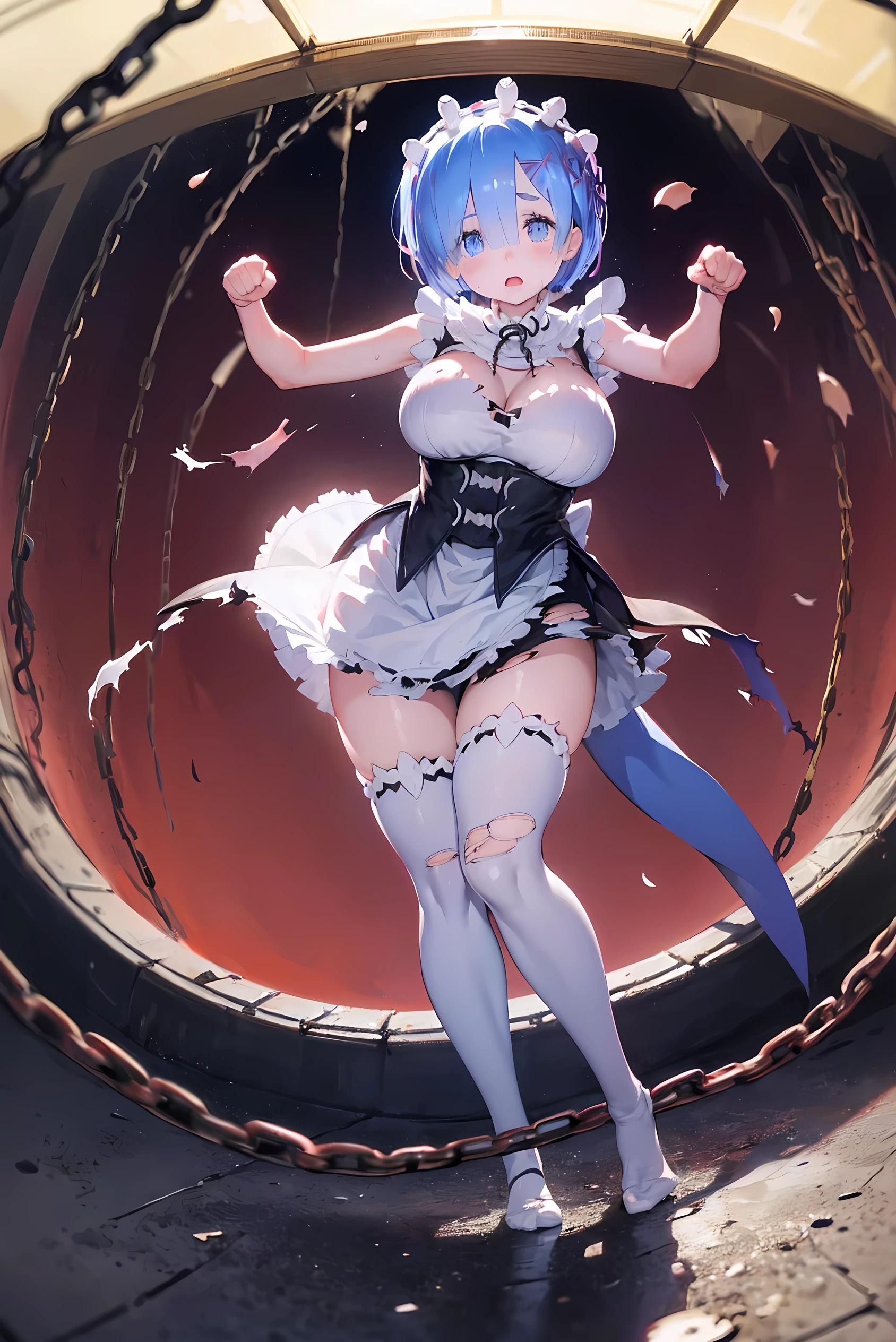 Plump、Show your pants、(((((Fighting Pose)))))、Weapons Morningstar、((Underground Prison))、((The floor beneath my feet is crumbling))、((((Rem in chains)))),(((((Fisheye Lens)))))、(((((Super huge breasts))))、((((Plump thighs))))、(((Rem from Re:Zero)))、((looking at the camera))、High qualityHigh quality、8ｋ、(((((Full body description)))))、Chest、Fantastic、(((((Torn maid uniform)))))、barefoot、((((((Tall Rem))))))、Sweat splashes、Clothes are ripped off,(Torn knee-high socks)、