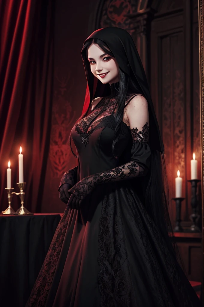 long-haired girl，Wearing a long black lace dress，Shoulders exposed,  cheerful smile，(((((unholy)))))，red color eyeystical ambiance)))，(((Dark style)))
