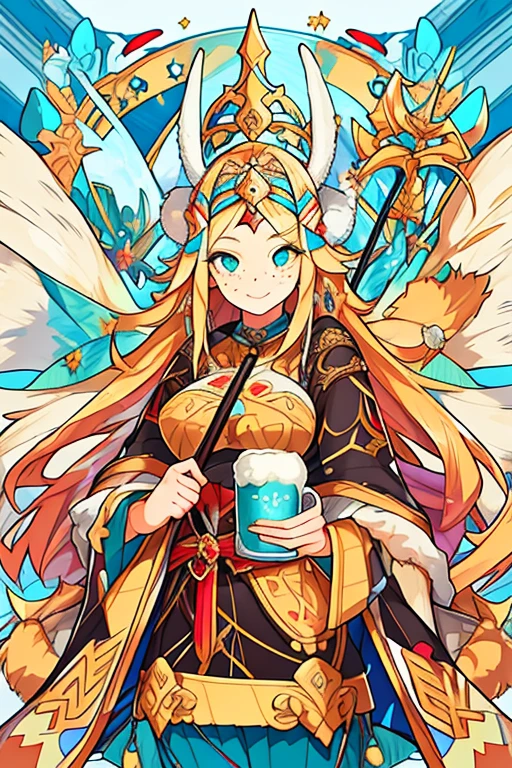(work of art, maximum quality, best qualityer, offcial art, beautiful and aesthetic:1.2), extremely detaild, Fractal Art, colorfully, More Detailed, (abstract background:1.3), faithful style, (1 goddess freya:1.5), HAIR GOLD, glare eyes, loose braided hair, long hair, animal fur cloak, detailedeyes, beautfull woman, mature woman, appealing, voluptuous woman, clear eyes, short in stature, freckles on the face, leather viking armor, holding a mug of beer, wielding a spear in his left hand,
