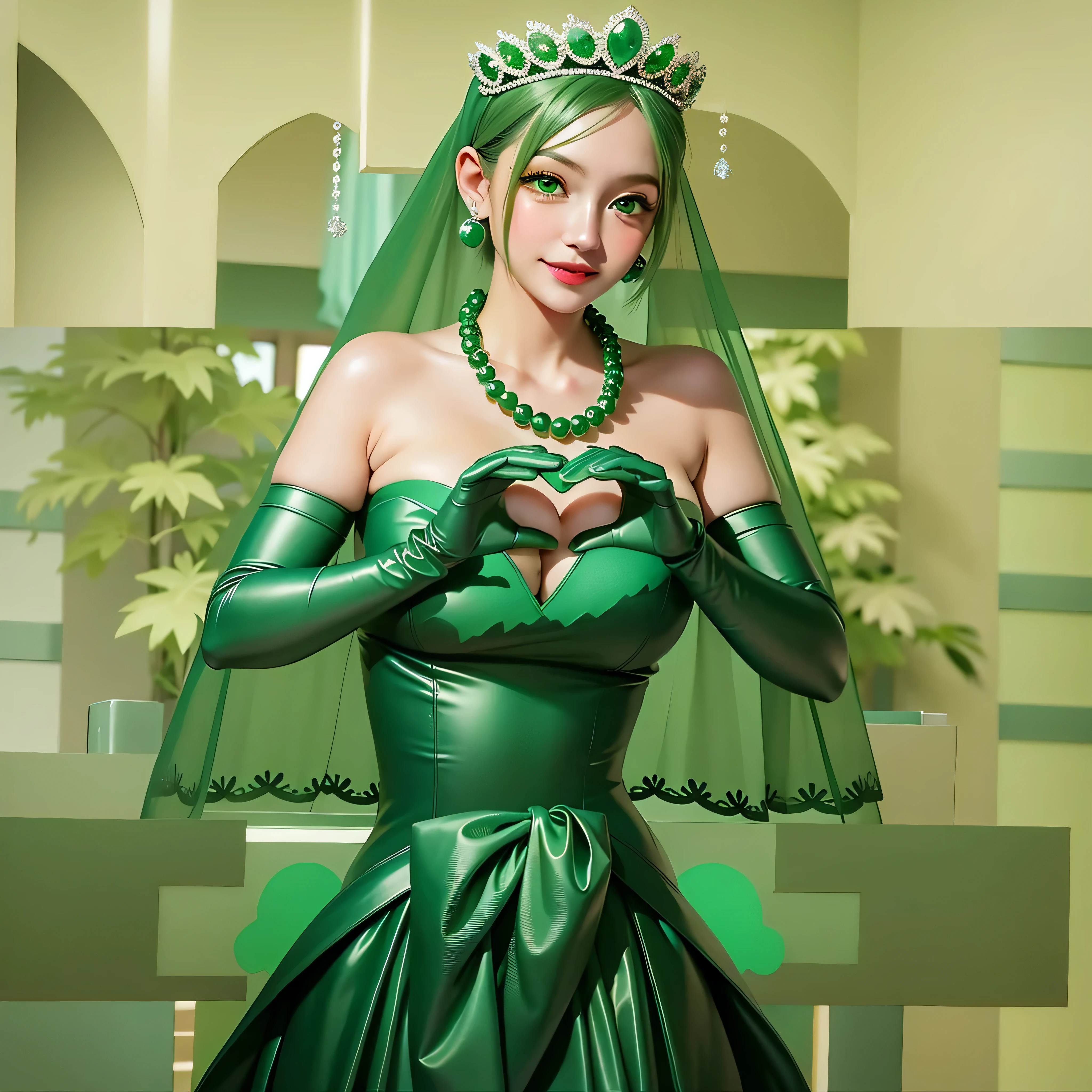 emerald tiara, Green Pearl Necklace, Boyish very short green hair, Green Lips, Smiling Japanese woman, Very short hair, beautiful lady, Green Eyes, Green satin long gloves, Green Eyes, Emerald Earrings, Green veil, Heart with both hands, Green Hair, Beautiful Japanese Woman, Heart shaped hands:1.3, green lip gloss