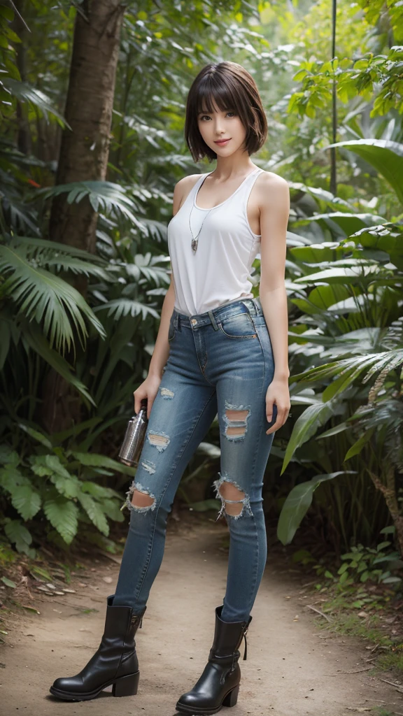 ((((masterpiece)))), expensive quality, very_expensive_solve, big_file size, Full Color, Steampunk depicting a planet of the future,, In the distant forest, Vibrant overseas markets, Off-road bikes. The main character is a girl with a beautiful upper body., blonde, Short Bob, Silver, smile, Mechanized weapons. Wearing a white tank top, Distressed denim shorts, Engineer boot, Off-road bikesに乗る. beauty,