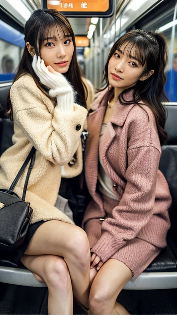 A photo of two mature Japanese gals with flashy hair wearing cute fur coats, pumps, and shiny, thin, short black leather gloves.,sitting cross-legged,Inside the train,Voyeur,Heavy makeup face eyeshadow,mascara,cross the her legs,Ultra-detailed face, open eyes,((Legs crossed)).Smelly socks, Ultra Mini Skirt,She looks at the photographer with an inviting expression.,School Bags,This photo was taken in daylight with soft lighting..、The girls are sitting on train seats.。. This photo was taken by someone on their cell phone..、Apparently it was posted on Snapchat.。.