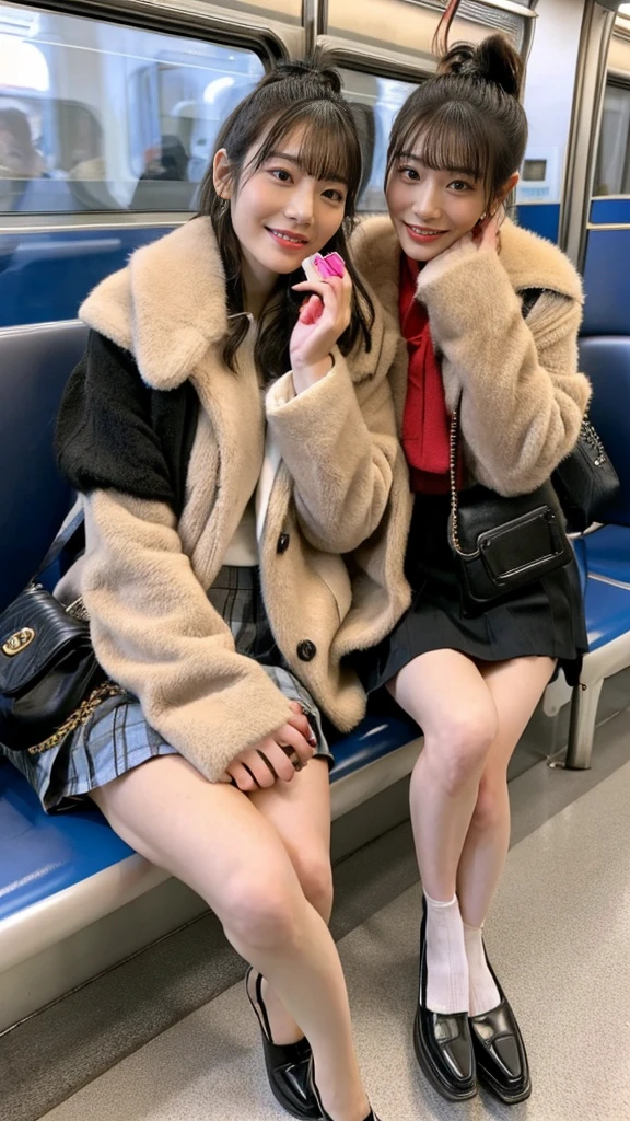 A photo of two mature Japanese gals with flashy hair wearing cute fur coats, pumps, and shiny, thin, short black leather gloves.,sitting cross-legged,Inside the train,Voyeur,Heavy makeup face eyeshadow,mascara,cross the her legs,Ultra-detailed face, open eyes,((Legs crossed)).Smelly socks, Ultra Mini Skirt,She looks at the photographer with an inviting expression.,School Bags,This photo was taken in daylight with soft lighting..、The girls are sitting on train seats.。. This photo was taken by someone on their cell phone..、Apparently it was posted on Snapchat.。. 