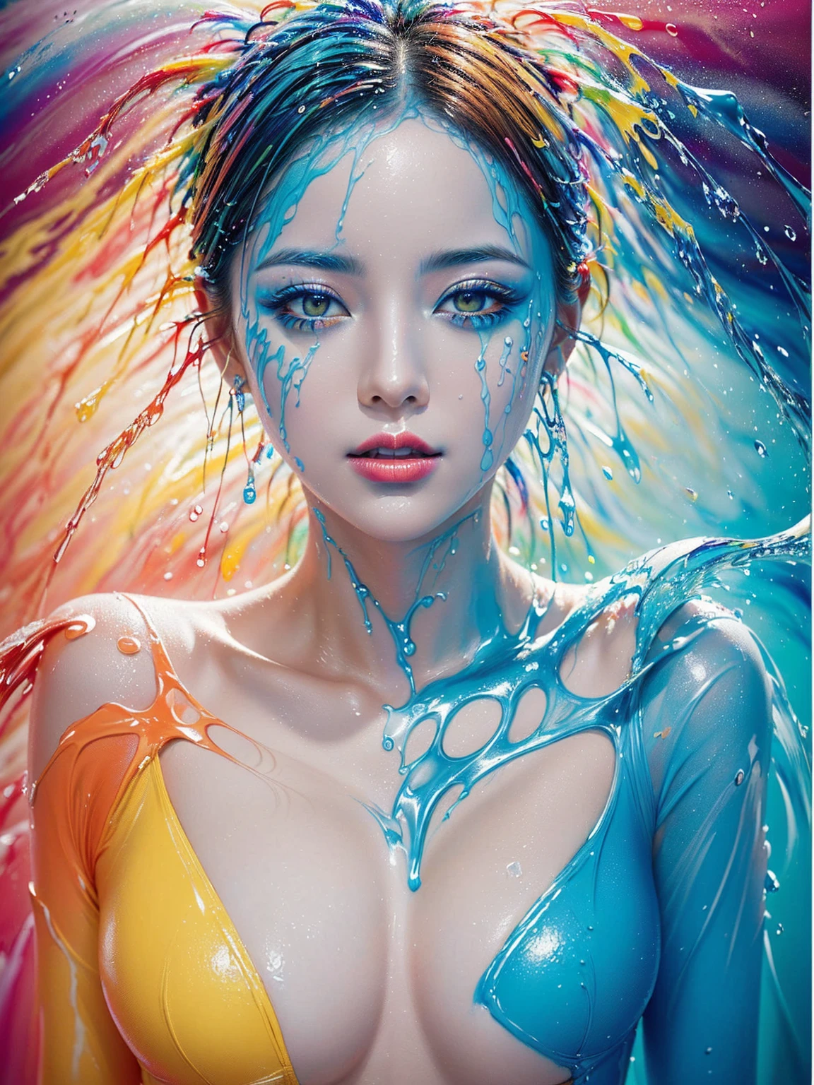 (absurd quality,high-res,masterpiece),(realism,photorealistic), (the art of painting the body with many colors, luminous paints:1.2), ((screen with splashing fluid flowing down, fluid paints:1.25), extremely detailed:1.31), (((in a bright and colorful paint pool:1.28))),