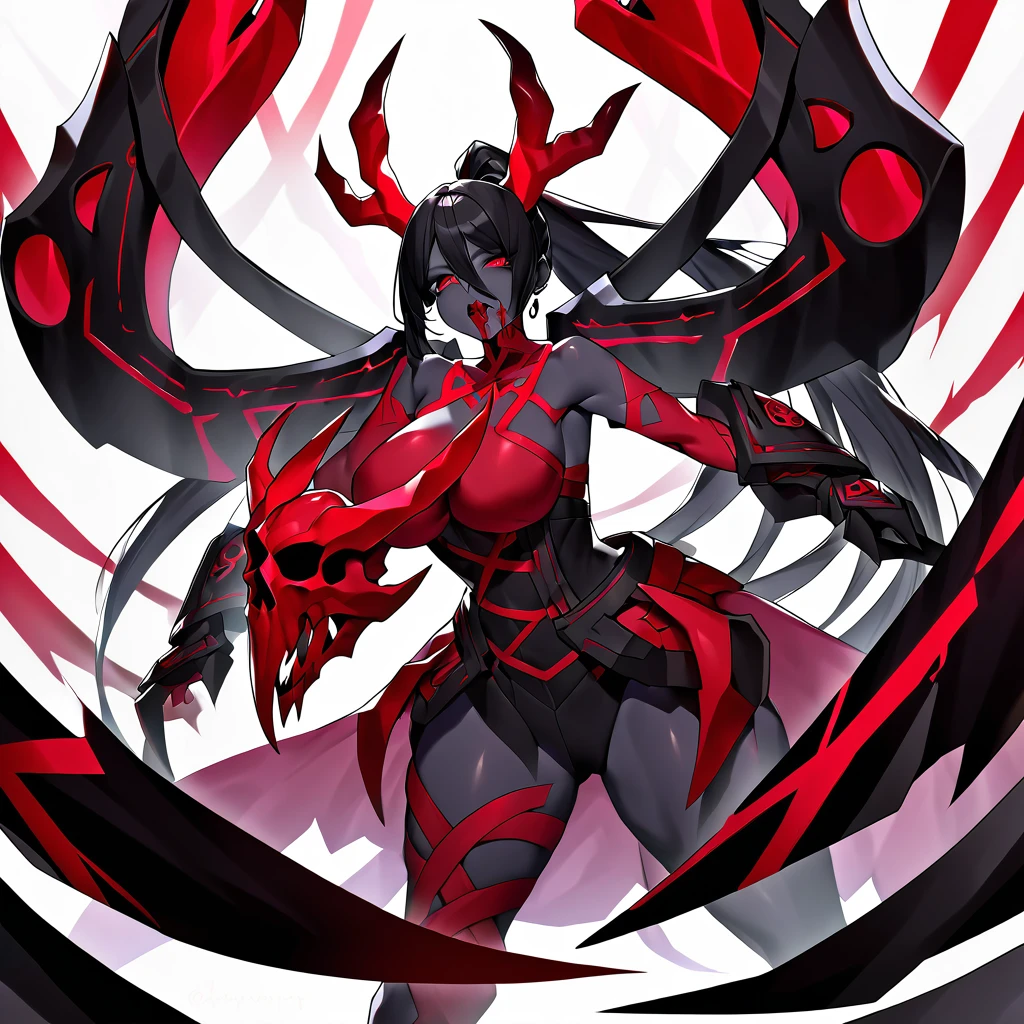 A woman with black skin and black hair, which is cut into a huge ponytail. She is equipped with two claws (weapon): both formed by an animal skull and three long animal fangs, and are painted with blood red runes. Her mouth is stained with dried blood, and she is carving the flesh and hide of a deer with her equipped claws.