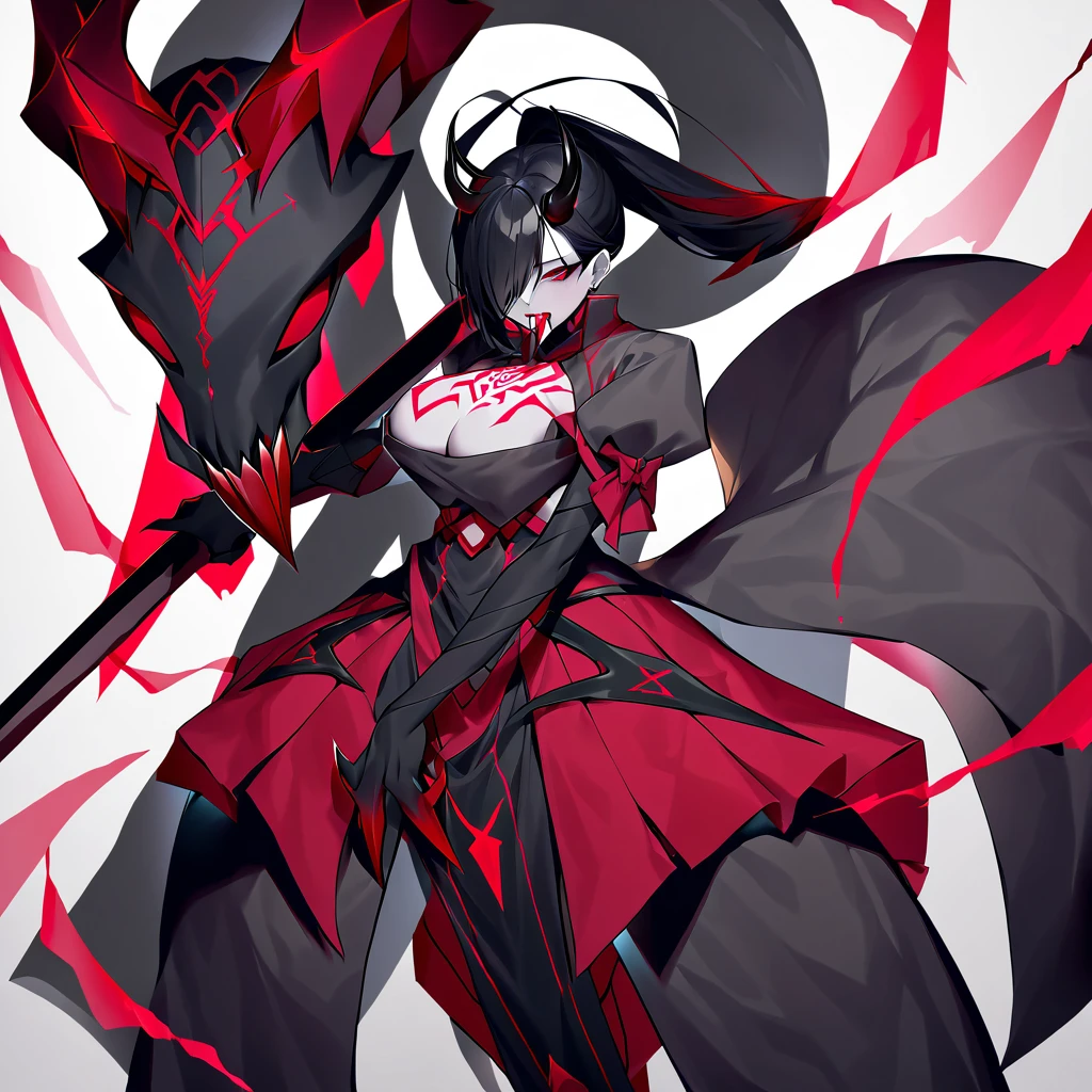A woman with black skin and black hair, which is cut into a huge ponytail. She is equipped with two claws (weapon): both formed by an animal skull and three long animal fangs, and are painted with blood red runes. Her mouth is stained with dried blood, and she is carving the flesh and hide of a deer with her equipped claws.