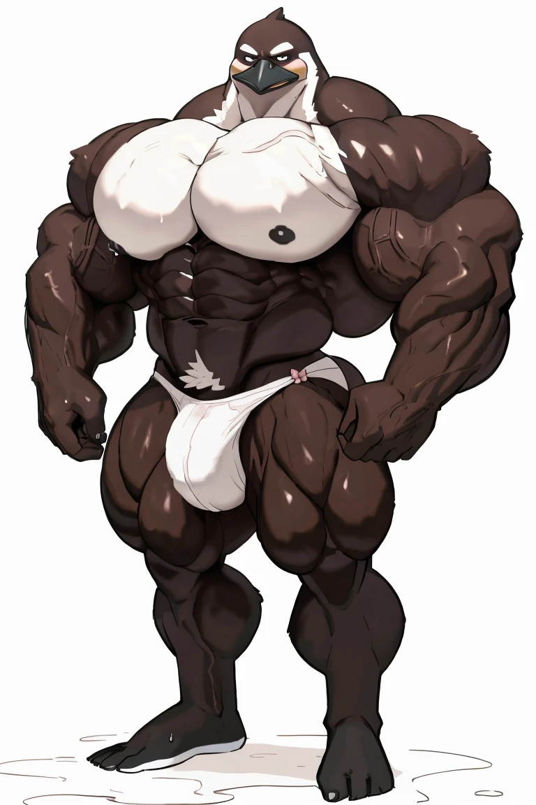 overly muscular penguin, masculine face, perverted expression, flushed cheeks, prominent veins, huge butt, huge chest (huge: 2.5), muscular thighs, thin waist, full body, white background, wearing white panties with bows (wet), sexy pose in the gym.