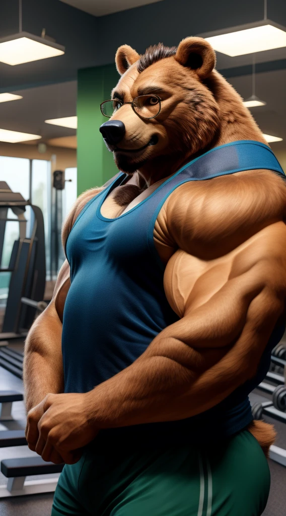 handsome guy, realistic, male focus, masculine, male, 1boy, european Brown bear, facial hair, (ultra_realistic), eyeglasses, upper body, broad shoulder, tank top, huge muscular_male, indoors, fitness room, gym, look looking at viewer,, (masterpiece,best quality:1.5)