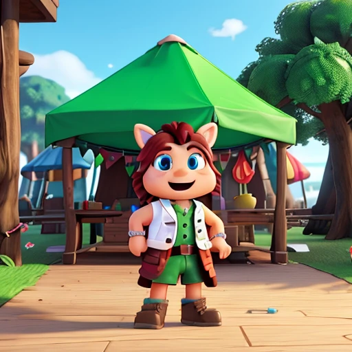 Roblox Bacon Character, next to it there is a beautiful wooden tent, On this bar there is a large square green button, this button is written in white (DONATE), the character and the tent are on a very beautiful island