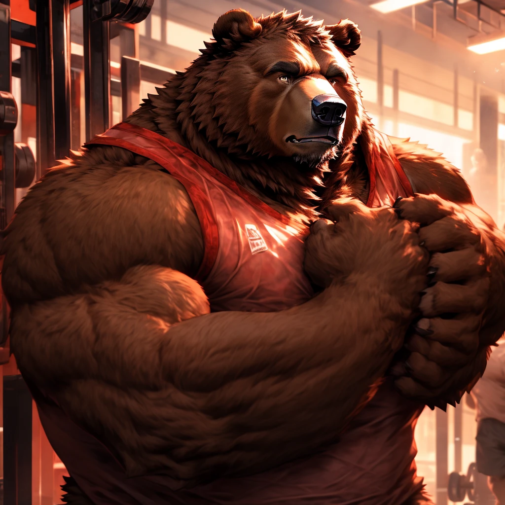 a giant muscular grizzly bear,extremely detailed bear,huge grizzly bear,massive grizzly bear,ultra-detailed bear,highly detailed bear,photorealistic bear,realistic bear,bear lifting heavy weights,bear lifting barbell,bear doing bicep curls,bear working out,bear gaining muscle,bear getting a pump,bear in a gym setting,bear in a fitness center,bear surrounded by gym equipment,bear with veins popping out,bear with defined musculature,bear with bulging muscles,bear with intense expression,bear with focused gaze,dramatic lighting,warm and vibrant colors,cinematic lighting,dramatic shadows,ultra-detailed,8k,best quality,photorealistic,highly detailed