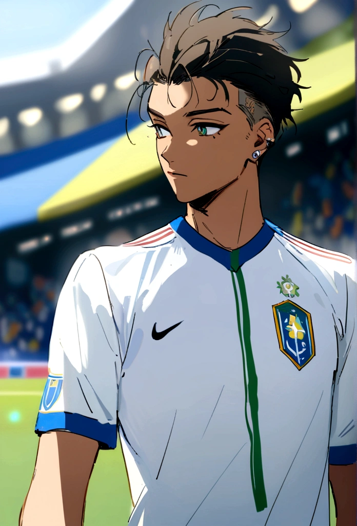 Neymar Jr with the shirt of the Brazilian national team , Standard scenario , best qualityer, best resolution , anime styling , ​masterpiece , steady look