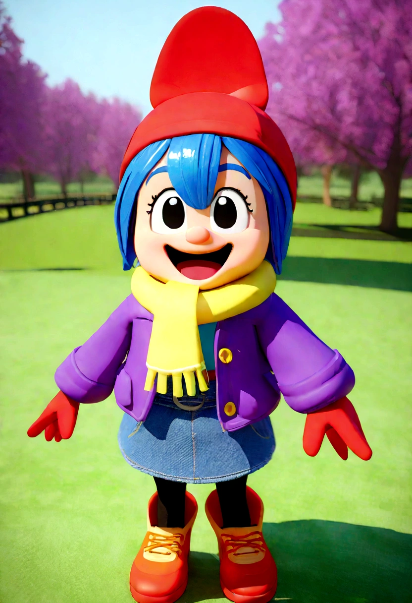 work of art, best qualityer, ummuher in denim skirt and jacket, wearing a purple coat and scarf standing in the park in Disney character style. Pixar 3D
