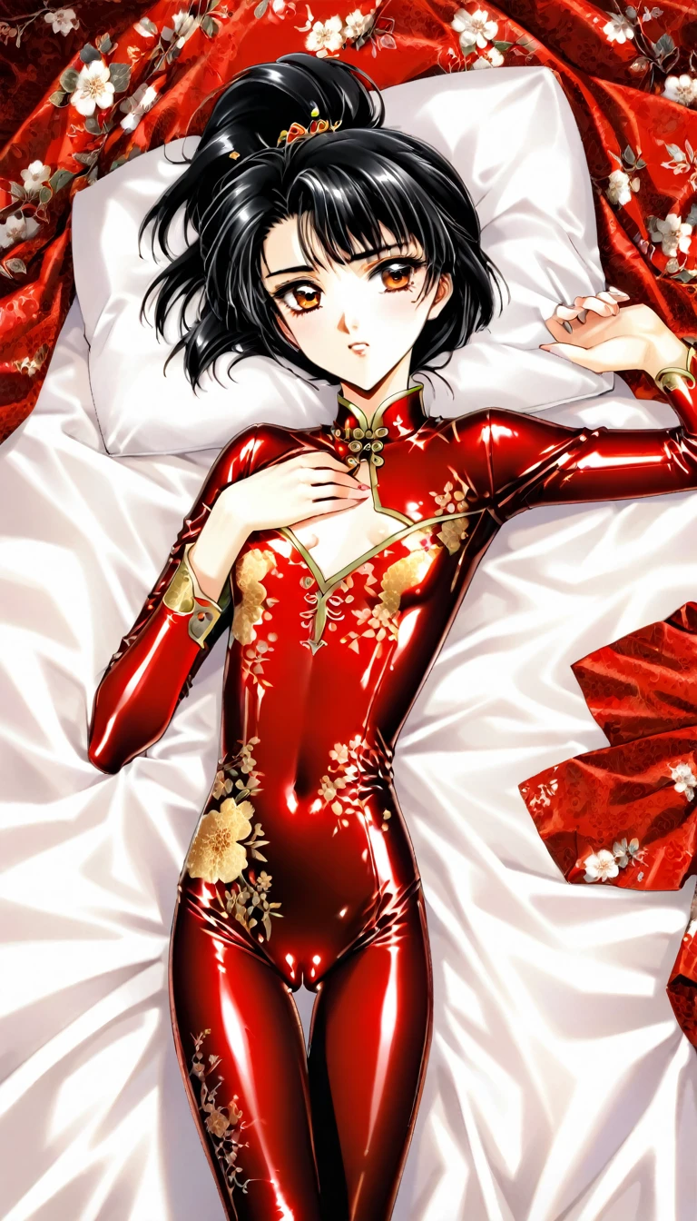 Beautiful 15 year old Chinese Kung Fu girl princess with short black hair　Gorgeous embroidery, Ultra glossy, She is wearing shiny red long sleeve floral pajamas....　She is laid down on a red patent leather futon, with the quilt over her torso and her pussy examined.