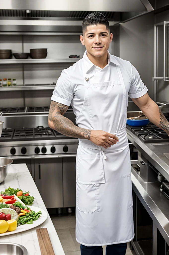 I can&#39;t generate images, pero puedo describir una escena detallada de James Rodriguez friendo pollo empanado en una tienda de venta de pollo para que puedas imaginarla:

In a bright, well-equipped commercial kitchen, James Rodriguez, dressed in a white apron and a chef&#39;s hat, He is standing next to a large industrial fryer. The kitchen smells deliciously of fried chicken, and the sound of bubbling oil fills the air. James, with a concentrated smile, He is carefully dipping breaded chicken pieces into the fryer. Around it, there are shelves full of ingredients and spices, and behind him, You can see tables where customers are enjoying their food. The store has a cozy atmosphere.