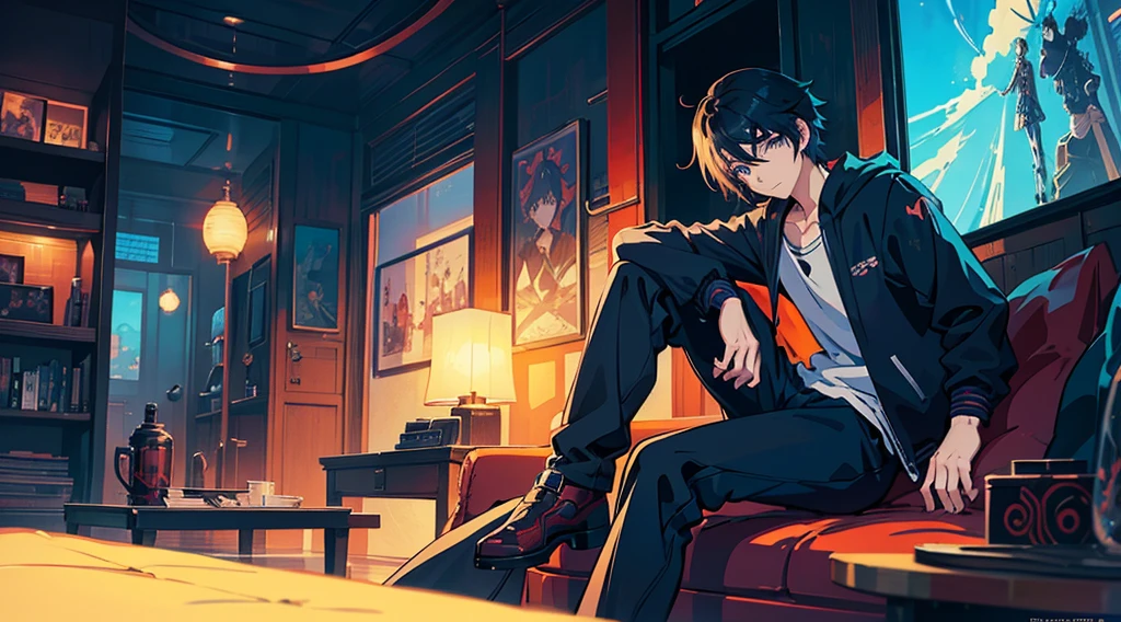 there is a boy sitting on a couch with a cell phone, digital anime illustration, anime boy, artwork in the style of guweiz, looking at his phone, in an anime style, in anime style, anime lover, high quality anime artstyle, anime picture, today's featured anime still, guweiz, high quality fanart, anime artstyle