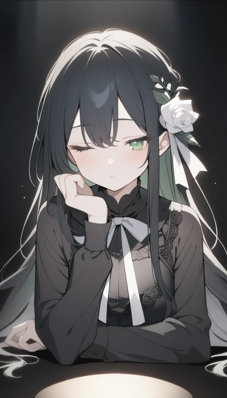 ((Tabletop, Highest quality)),Best aesthetics,One Girl, alone, Long Hair, Black Dress, flower, ribbon, Black background, Black Hair, Rose, ヘアribbon, Green Eyes, Long sleeve, White Rose, Mouth closed, 黒いribbon, Upper Body, Cinema Lighting