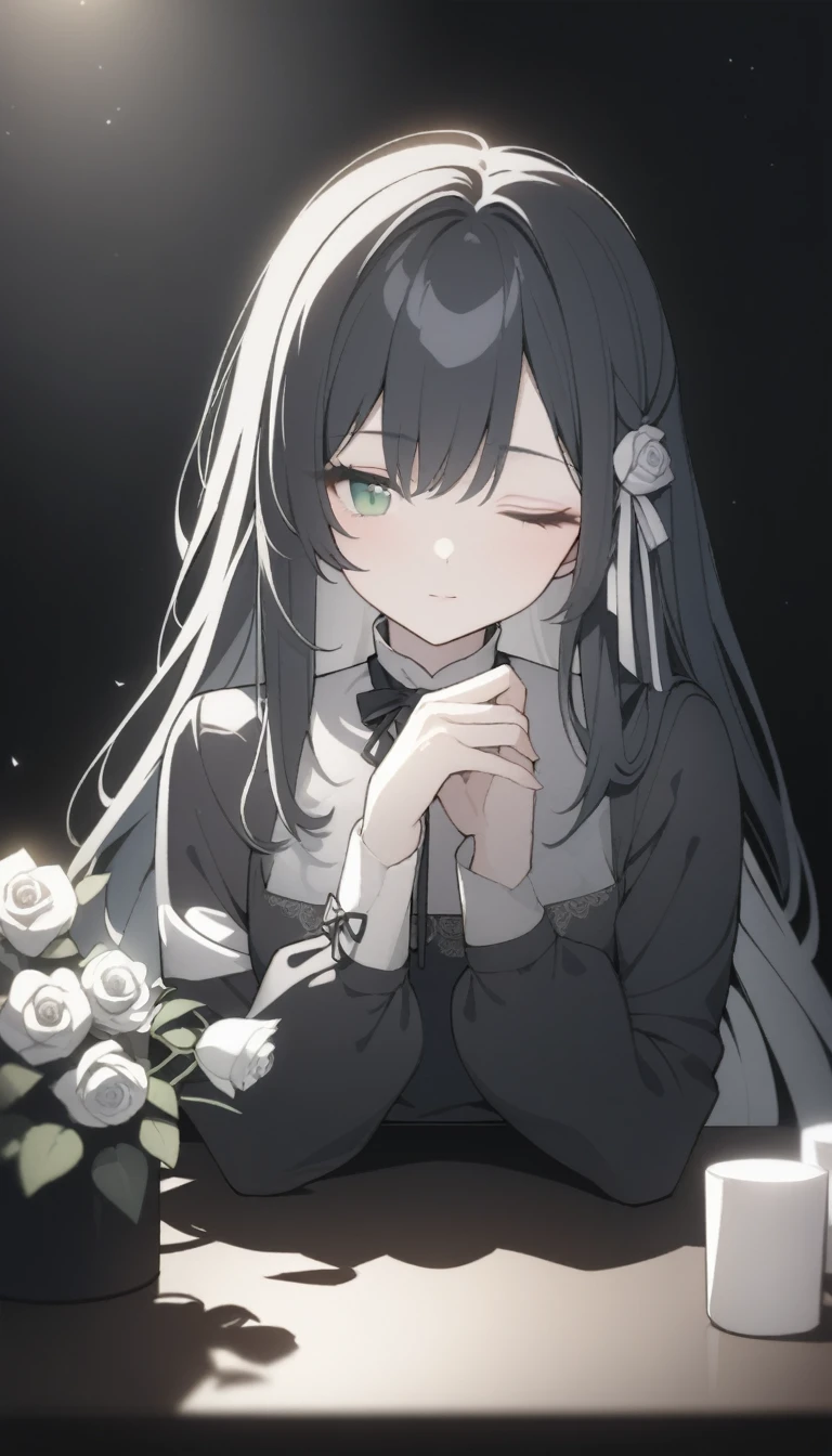 ((Tabletop, Highest quality)),Best aesthetics,One Girl, alone, Long Hair, Black Dress, flower, ribbon, Black background, Black Hair, Rose, ヘアribbon, Green Eyes, Long sleeve, White Rose, Mouth closed, 黒いribbon, Upper Body, Cinema Lighting