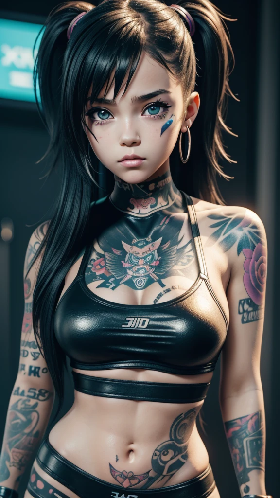 a close up of a  girl with tattoos on her face, cyberpunk art, large breasts, trending on cg society, digital art, render of a cute 3d anime girl, she is wearing streetwear, cute cartoon style, jojo anime style