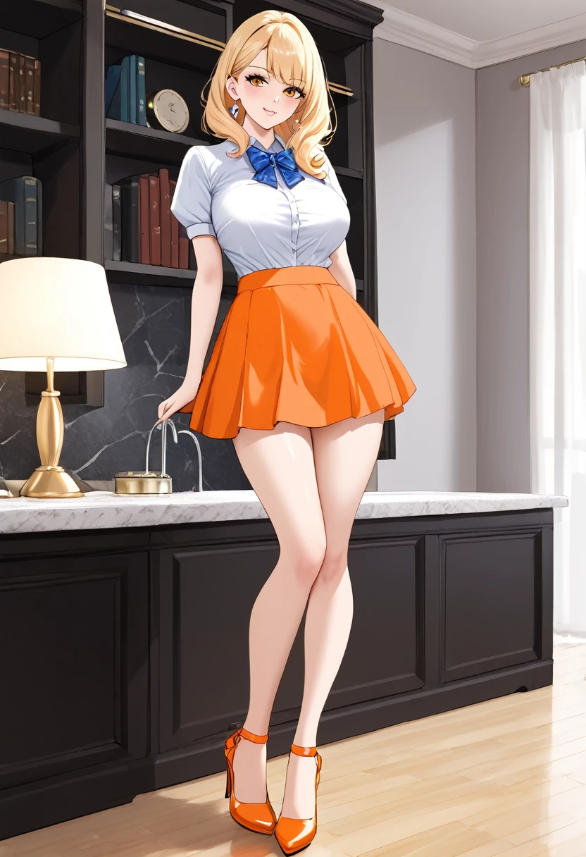 A very beautiful girl, orange skirt, high heels