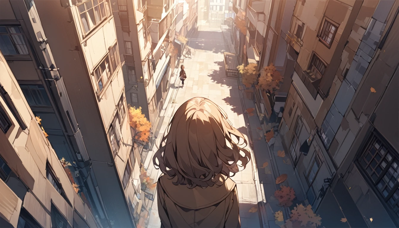 A girl with brown, wavy bob hair wearing a dark beige coat。In town、autumn、building、Male shadows、Looking up