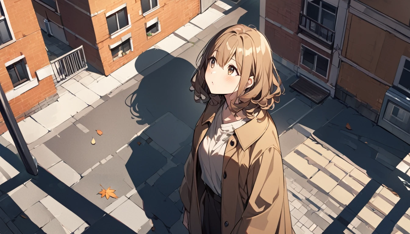 A girl with brown, wavy bob hair wearing a dark beige coat。In town、autumn、building、Male shadows、Looking up