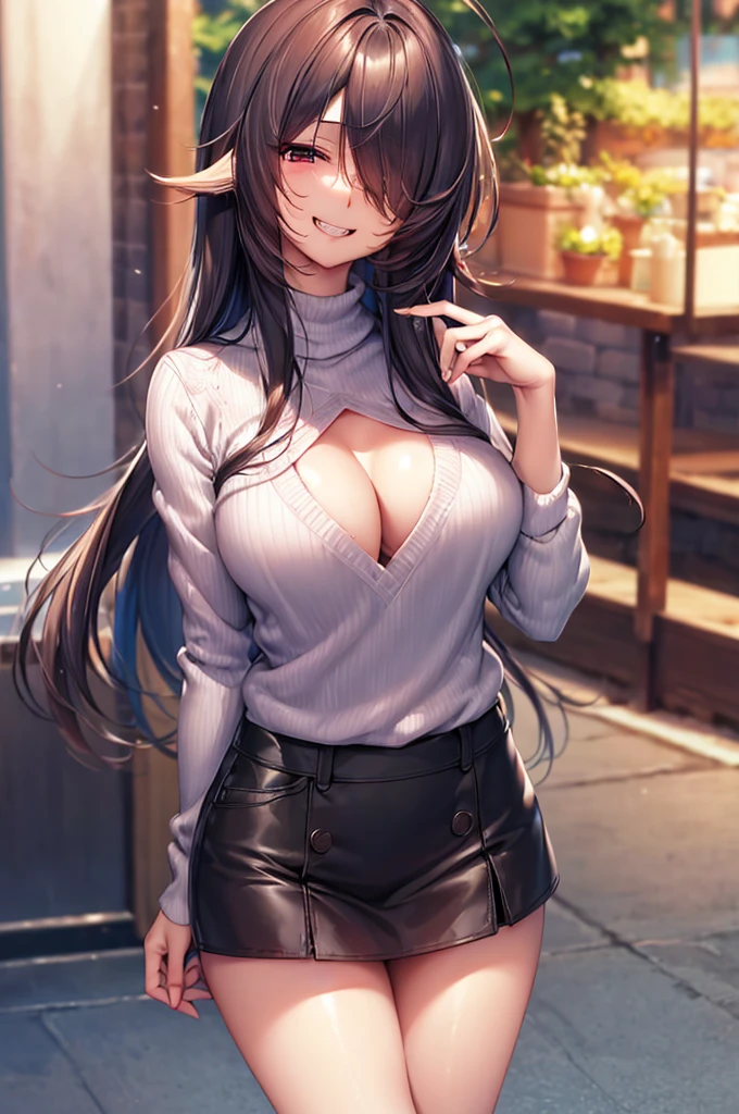 masterpiece)),((Highest quality)),High resolution,Highly detailed CG,Perfect lighting,8k wallpaper、One Woman, alone、Black Hair、Very long hair、Ahoge、Hiding one eye、Slanted Eyes、Red Eyes、Very large breasts、Very large breasts、very thick legs、grin、、Looking into the camera、Captivating smile, White vertical sweater、White clothes、Black Skirt、Clothes that hide skin、Double teeth、