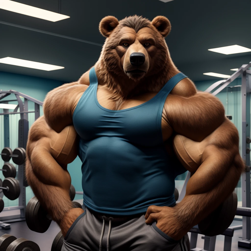 handsome guy, realistic, male focus, masculine, male, 1boy, european Brown bear, facial hair, (ultra_realistic), eyeglasses, upper body, broad shoulder, tank top, huge muscular_male, indoors, fitness room, gym, look looking at viewer,, (masterpiece,best quality:1.5)