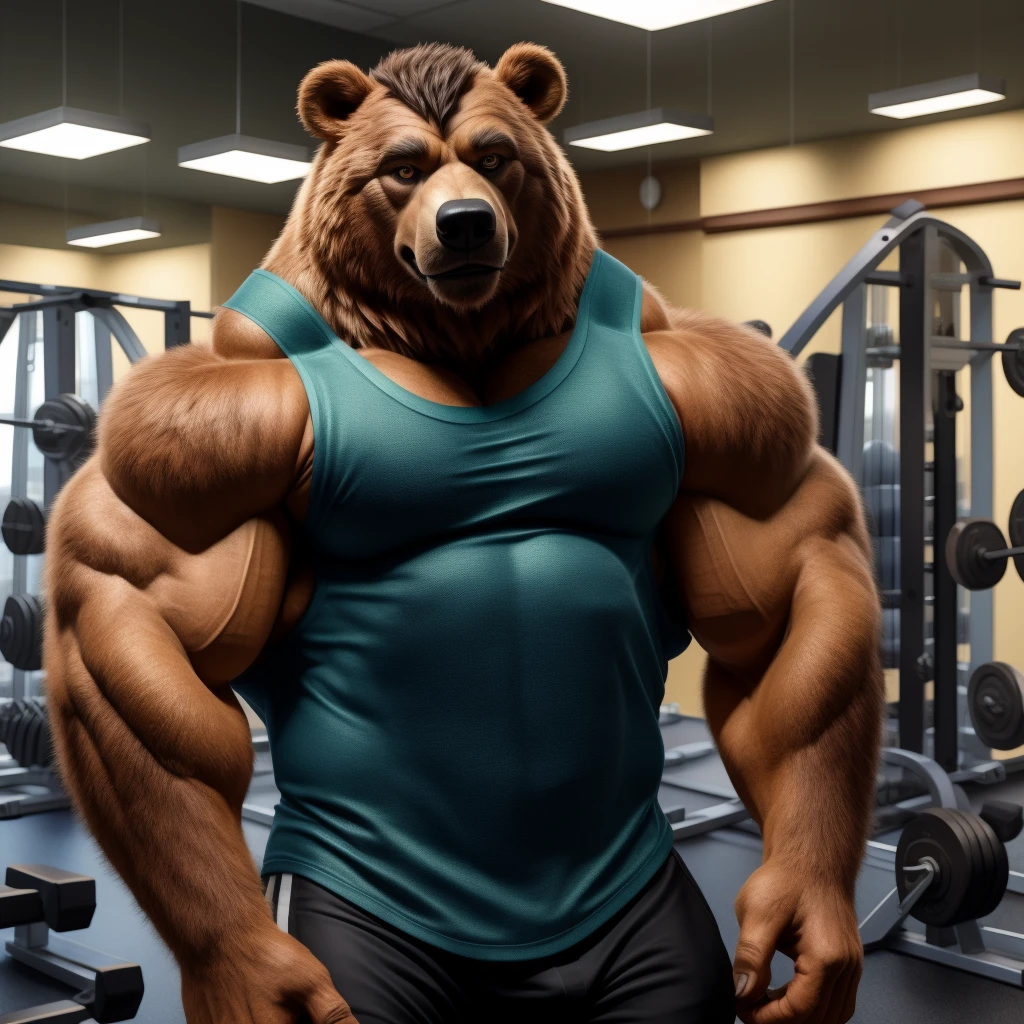 handsome guy, realistic, male focus, masculine, male, 1boy, european Brown bear, facial hair, (ultra_realistic), eyeglasses, upper body, broad shoulder, tank top, huge muscular_male, indoors, fitness room, gym, look looking at viewer,, (masterpiece,best quality:1.5)