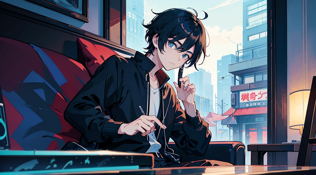 there is a boy sitting on a couch with a cell phone, digital anime illustration, anime boy, artwork in the style of guweiz, looking at his phone, in an anime style, in anime style, anime lover, high quality anime artstyle, anime picture, today's featured anime still, guweiz, high quality fanart, anime artstyle