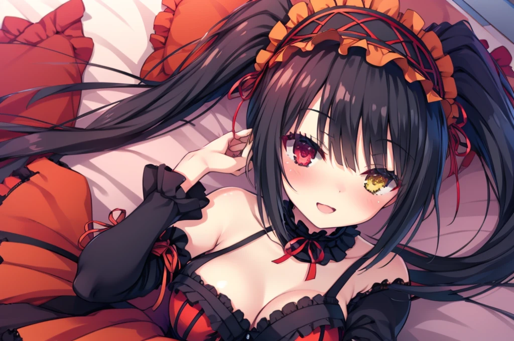 Lying down,bed,Blushing,View your viewers,Open Mouth Smile,Face close up,KurumiBase, (clock eyes), heterochromia, twintails, hairband, red dress, frills, detached sleeves, frilled choker,white background,best image quality,highest quality