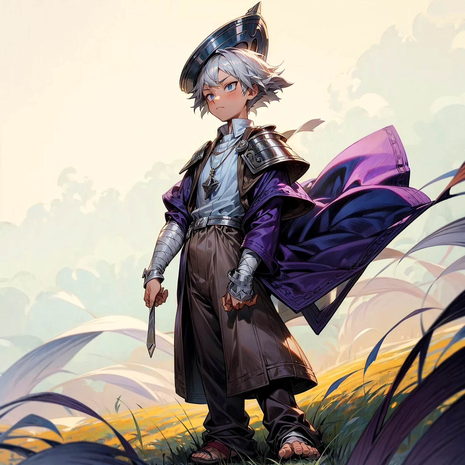 1little boy, Full body version, 1character, blue eyes color, sad eyes, eyeliner, tan skin, classic fade haircut, almond eyes type, brown colour hair, medieval clothing style, breton hat, eyes mask, vest armor, purple color clothing, silver necklaces, bandage on hand, Grassroots background in field town, motion blur, (Boku no hero academia style art)