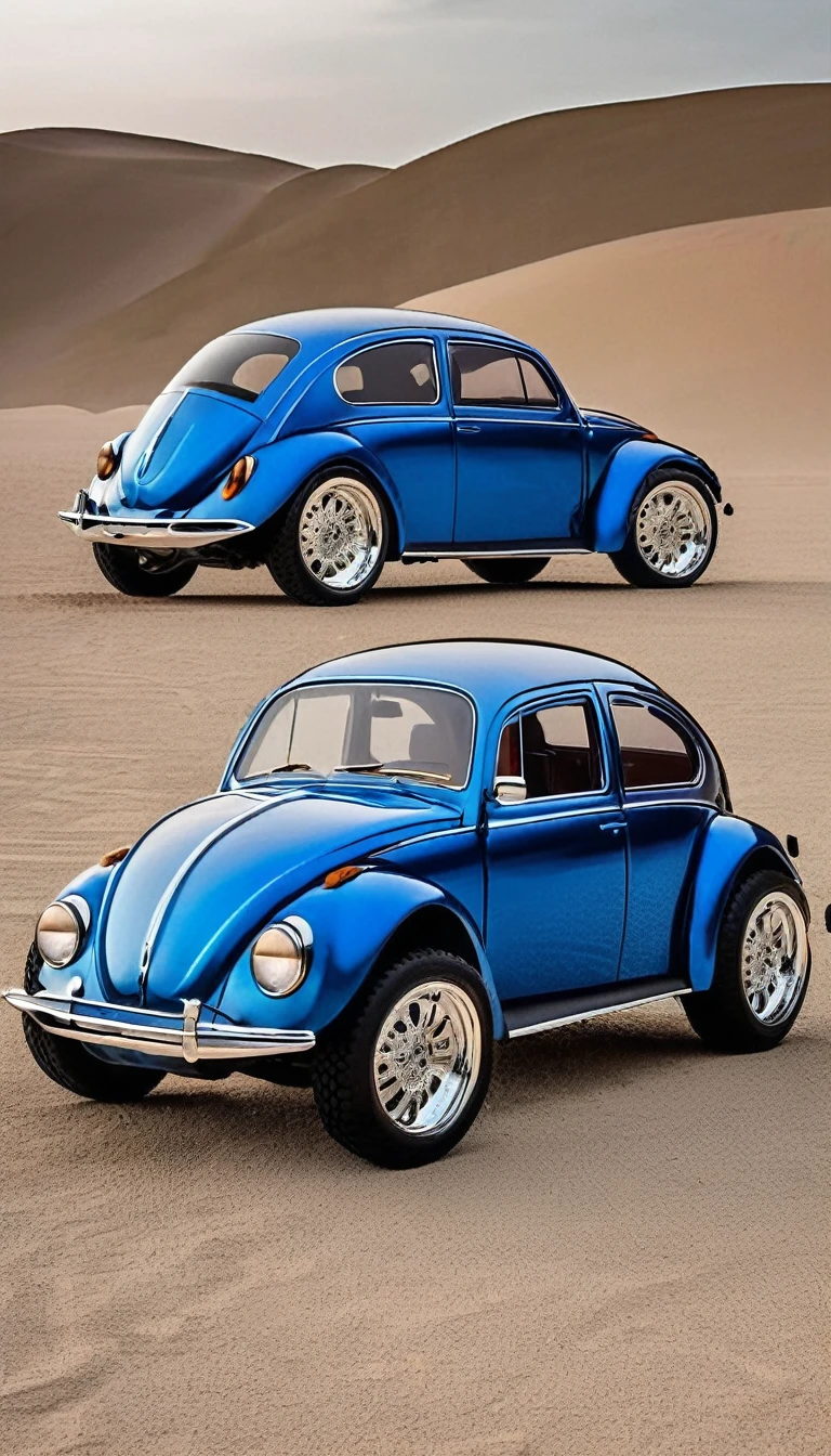 Based on the Volkswagen Beetle、Insect-inspired futuristic design、Beetle、blue、Shiny metal body、Big off-road tires、Beetleのツノ、Photographed from the front、Four wheels、White racing lines、
