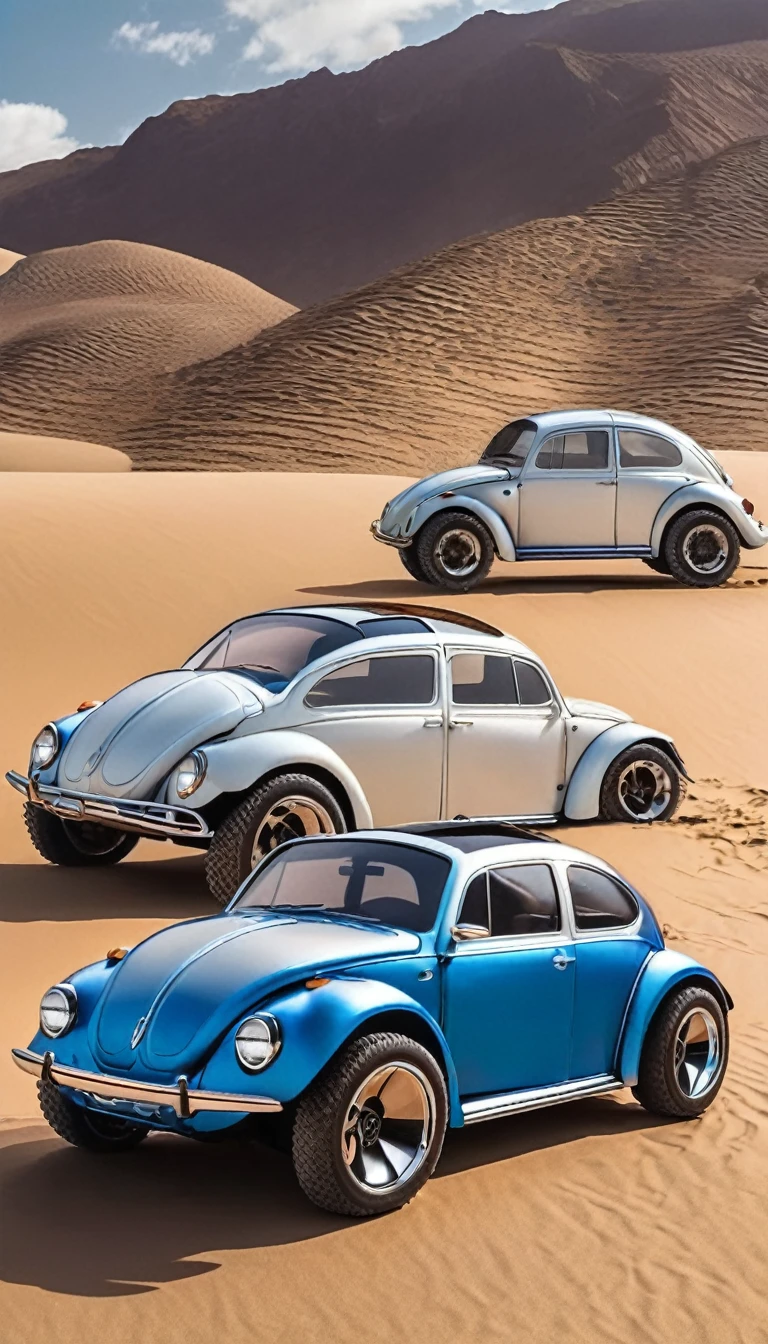 Based on the Volkswagen Beetle、Insect-inspired futuristic design、Beetle、blue、Shiny metal body、Big off-road tires、Beetleのツノ、Photographed from the front、Four wheels、White racing lines、
