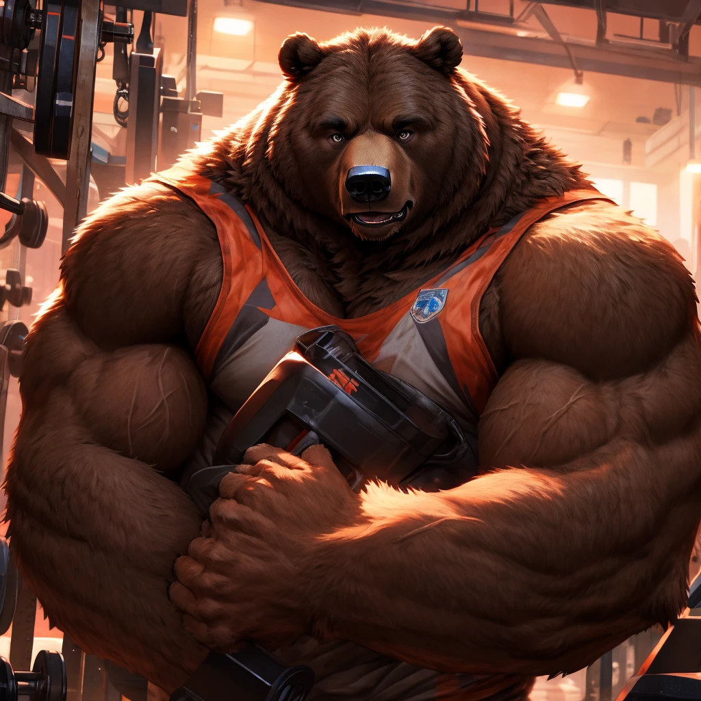 a giant muscular grizzly bear,extremely detailed bear,huge grizzly bear,massive grizzly bear,ultra-detailed bear,highly detailed bear,photorealistic bear,realistic bear,bear lifting heavy weights,bear lifting barbell,bear doing bicep curls,bear working out,bear gaining muscle,bear getting a pump,bear in a gym setting,bear in a fitness center,bear surrounded by gym equipment,bear with veins popping out,bear with defined musculature,bear with bulging muscles,bear with intense expression,bear with focused gaze,dramatic lighting,warm and vibrant colors,cinematic lighting,dramatic shadows,ultra-detailed,8k,best quality,photorealistic,highly detailed