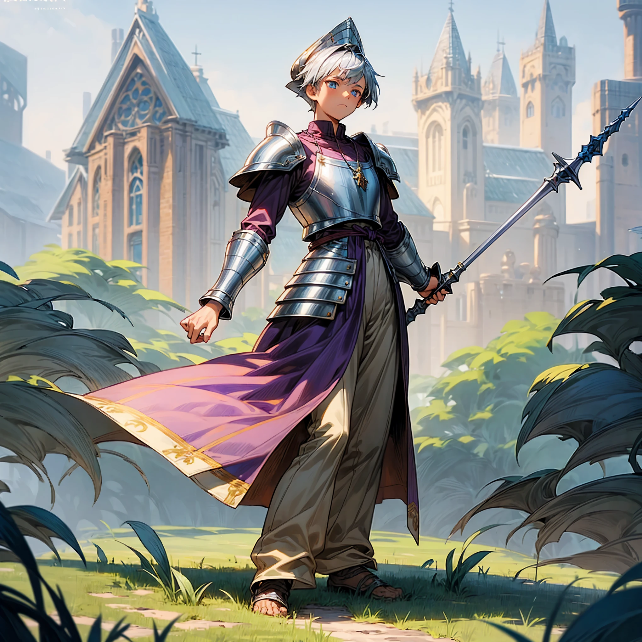 1boy, Full body version, 1character, blue eyes color, sad eyes, eyeliner, tan skin, classic fade haircut, almond eyes type, brown colour hair, medieval clothing style, breton hat, armor body, purple color clothing, silver necklaces, armor on hand, silver spear in hand, Grassroots background in field town, motion blur 