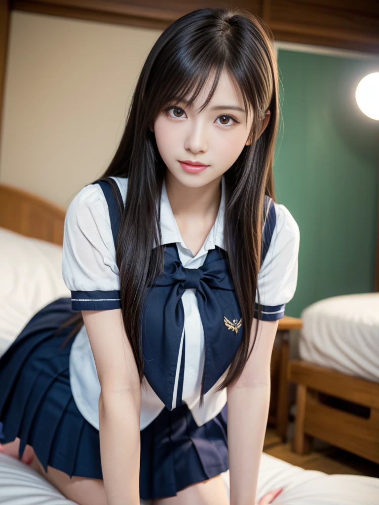 1girl, beautiful detailed eyes, beautifully detailed lips, extremely detailed eyes and face, long eyelashes, school girl uniform, Japanese , kawaii , young and sexy gravure idol model, surreal, laying on the bed, posing, realistic, photorealistic, 8k, high res, masterpiece, ultra-detailed, studio lighting, vivid colors, Angle from below, a high school girl wearing a sailor uniform is walking with her legs wide open, high school girl posing, wearing Japanese , Japanese girl , a surreal , cute high school girl, surreal, Japanese, Japanese model, young and sexy gravure idol