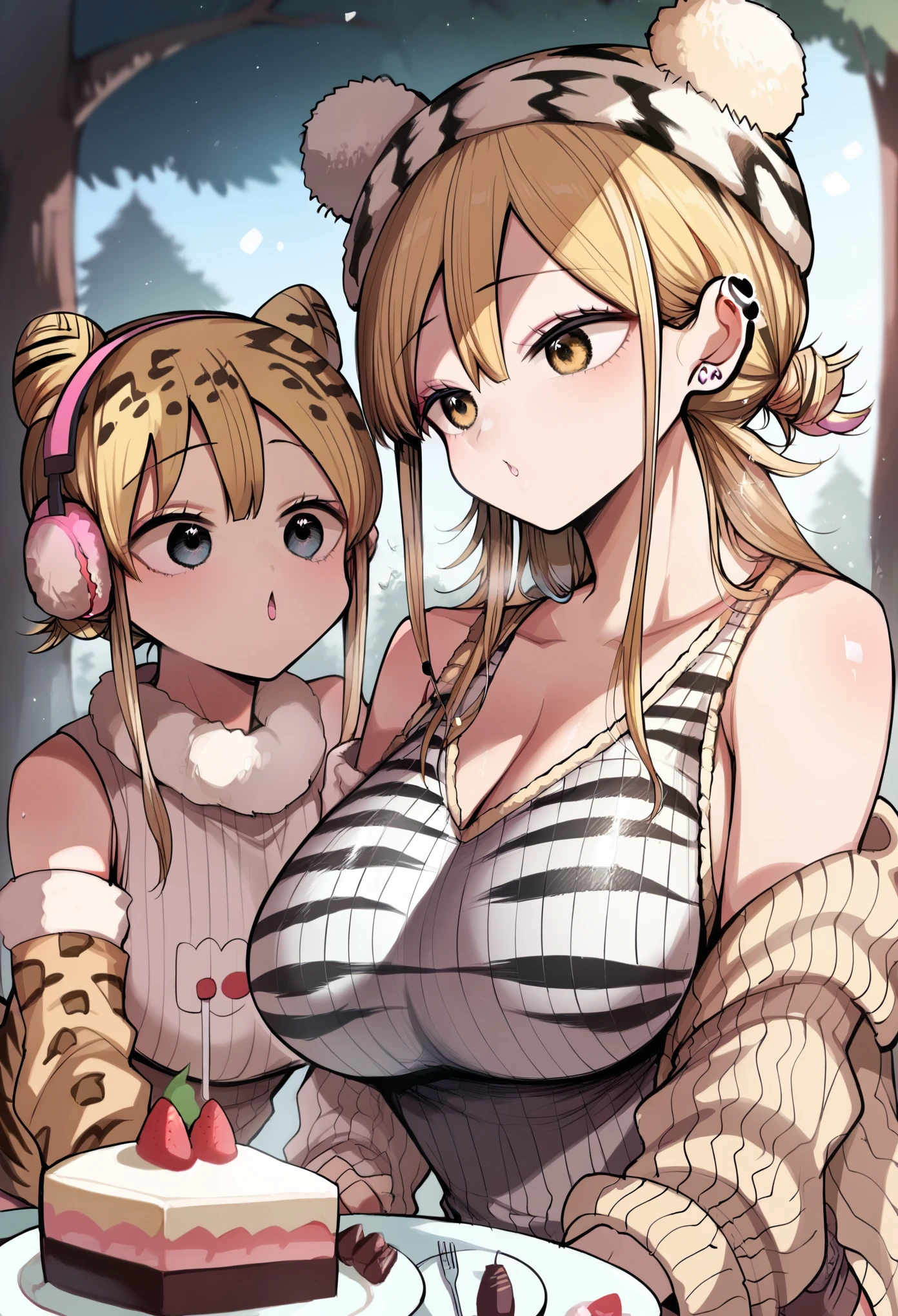 adult curvy women, cake, gyaru, fur hat, tree, detached sleeves, white sweater, hair bun, medium hair, striped shirt, headphones, multiple girls, leopard print, hair behind ear, zurikishi