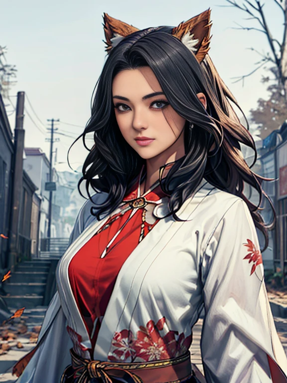 Highest quality, (masterpiece:1.35), wallpaper, (figure), original, (Depth of written boundary), (One girl:1.35), (alone), whole body, dynamic, Detailed face,Mature Woman, Adult, (old:1.3), Medium chest, interesting, Happy,Miko costume, Floral decoration,Ridiculously long hair, Black Hair,Dog ear volume lighting, fallen leaves, Tyndall effect,