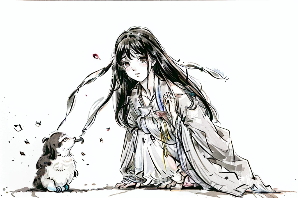 A heart-wrenching scene of a dystopian world painted with cinematic grace. An early teenage boy, with dark gray hair swept over his forehead, is kneeled beside a toddler girl with ethereal wavy white hair. His youthful face, etched with lines of pain and disbelief, is a stark contrast to the calmness of his surroundings. He is dressed in a simple white shirt and a tattered black coat that seems to have seen better days, reflecting the harsh realities of their existence. The girl, an innocent soul lost too soon, lies on the cold, barren ground, her tiny body draped in a soiled white gown that once must have been a symbol of purity. Her eyes are closed in a lifeless gaze, her small hand limp in the boy's firm yet gentle grip. His tears fall like droplets of hope on the parched earth, pooling around their intertwined fingers. Above them, a middle-aged man with shoulder-length black hair, clad in the tattered remnants of a blue knight's uniform, leans in with a mix of worry and concern etched deeply into the creases of his weary face. His posture is protective, yet his eyes reveal a silent scream of despair, mirroring the emotional turmoil of the boy below. The anime-inspired art style imbues the portrait with a sense of otherworldliness, as the vibrant colors of their clothing stand out against the muted grayscale backdrop of a world in ruins. The lighting is dramatic, casting elongated shadows that stretch out behind them, as if reaching for a help that never came. The composition draws the viewer's gaze to the stark juxtaposition of life and loss, the living and the lifeless, in a tableau that captures the poignant beauty of a moment frozen in time. The brushstrokes are deliberate and emotive, each line and shade telling a story of sorrow and sacrifice, a silent testament to the enduring bond between the boy and the girl, even in the face of an unkind fate. The painting's title, "The Last Lullaby," is inscribed at the bottom, a haunting reminder of the quiet moments
