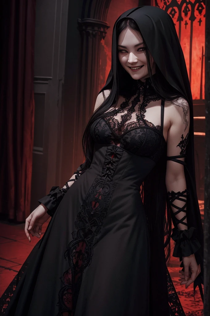 long-haired ，Wearing a long black lace dress，head uncovered, Shoulders exposed,  grin smile，(((((unholy)))))，red color eyeystical ambiance)))，(((Dark style)))