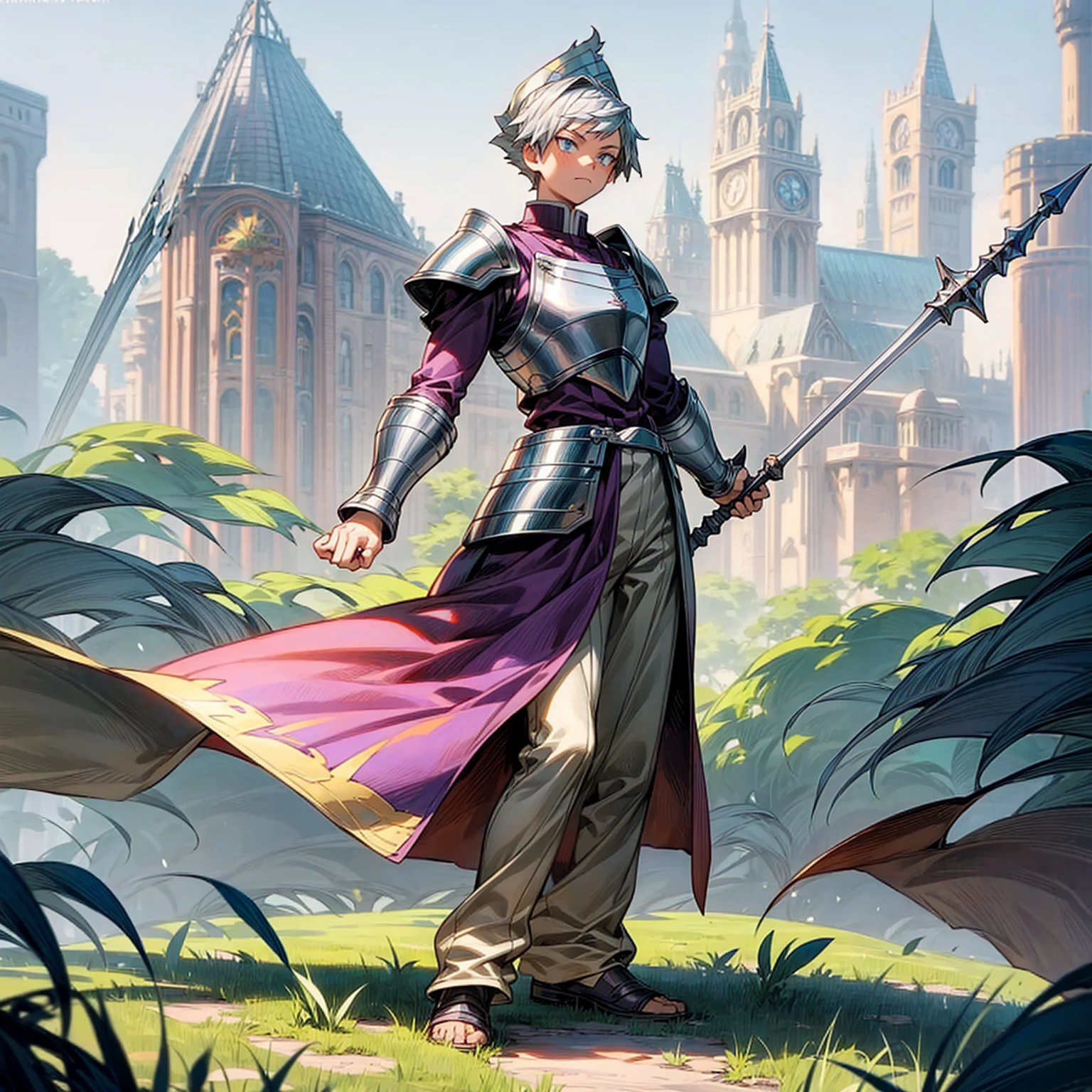 1boy, Full body version, 1character, blue eyes color, sad eyes, eyeliner, tan skin, classic fade haircut, almond eyes type, brown colour hair, medieval clothing style, breton hat, armor body, purple color clothing, silver necklaces, armor on hand, silver spear in hand, Grassroots background in field town, motion blur, (Boku no hero academia style art)