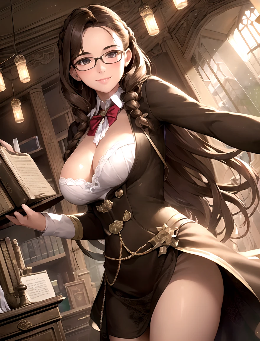 (masterpiece:1.1), (highest quality:1.1), (detailed:1.1), (photorealistic:1.3), (1girl:1.4), young woman librarian with brown hair, french braid, glasses, shy smile, (dutch angle:1.2), surrounded by piles of books, light sparkles, dust motes, light shafts, backlighting, Style-Lab, Style-Princess