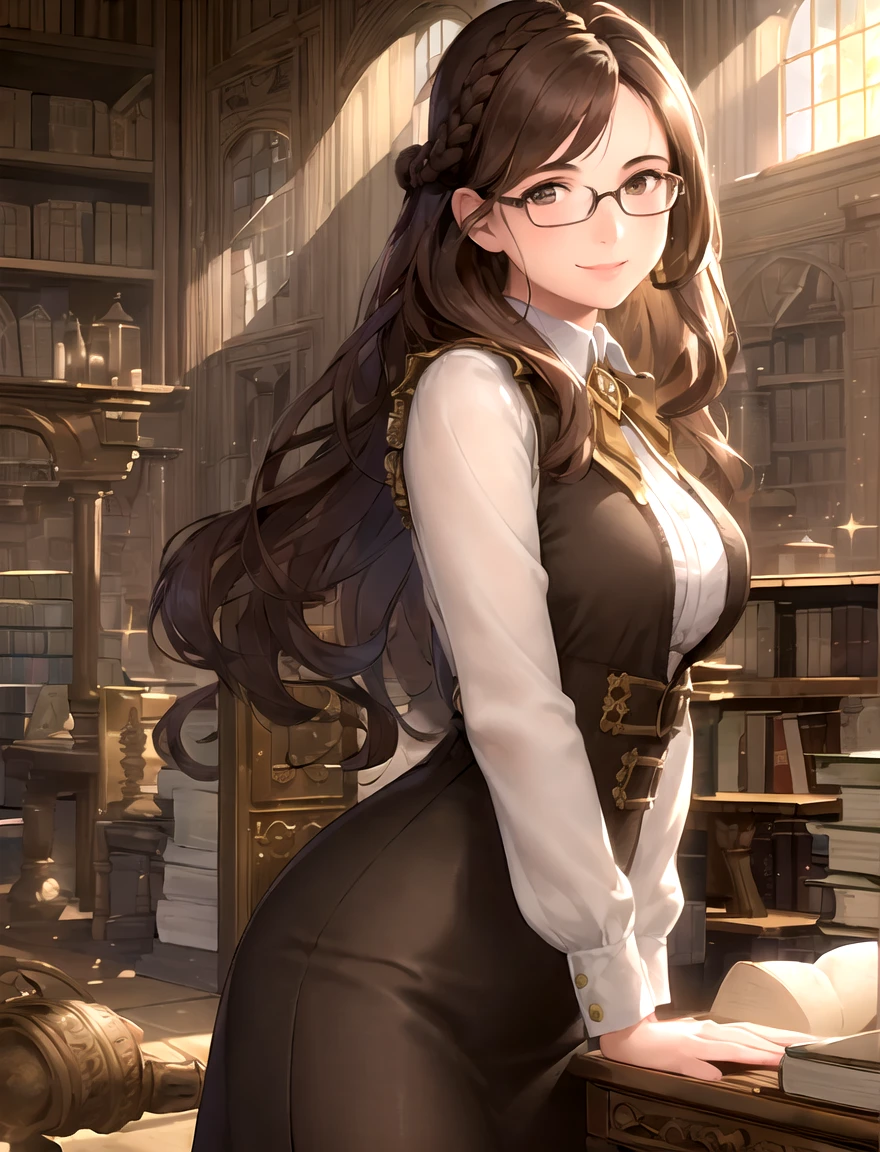 (masterpiece:1.1), (highest quality:1.1), (detailed:1.1), (photorealistic:1.3), (1girl:1.4), young woman librarian with brown hair, french braid, glasses, shy smile, (dutch angle:1.2), surrounded by piles of books, light sparkles, dust motes, light shafts, backlighting, Style-Lab, Style-Princess