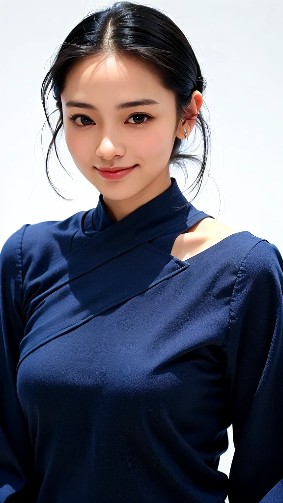 (1 woman:1.99)、(Small Face、Wide forehead、Very short hair、Very small amount of hair、Forehead、Fuji frame:1.unburn、17 yghty、Happy expression、満面のsmile、Weakness、love、I feel very comfortable alone、(Navy blue satin),((Very sleepy、Improves skin texture,smile、Narrow eyes、Very weak eyesight、Very weak eyeliner、Eyes slightly closed、I know the shape of your head、Oval Face))、(slicked back hair:1.25)、Photographic, Raw photo, Mastepiece, Highly detailed photos, Digital SLR, Photo-realistic 1.4, Super hello nothing, Best Quality,(standing、tilting your head、whole body:1.7)
