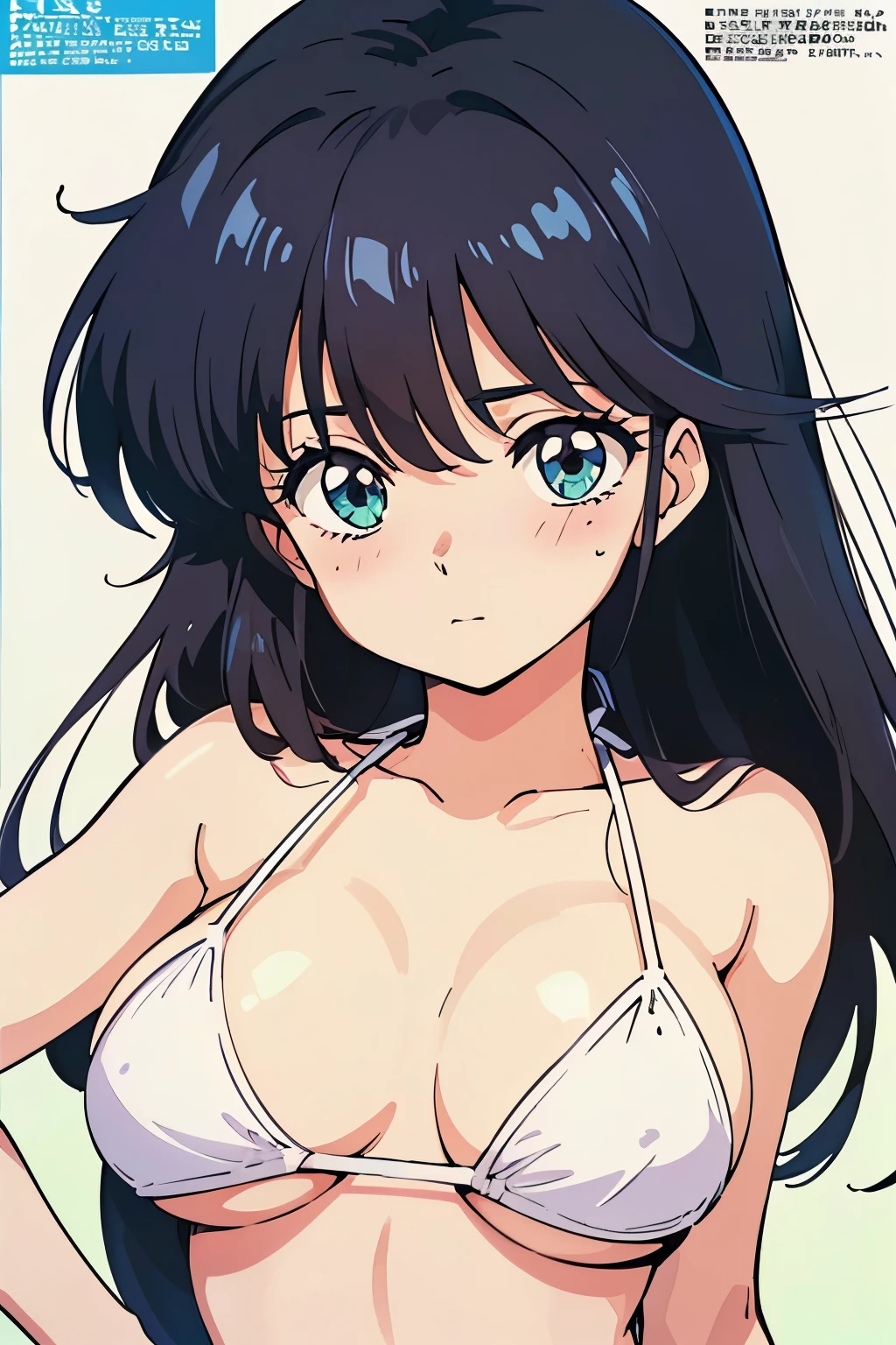 (masutepiece, Best Quality, High resolution:1.5, anime colours, megami magazine:1.2, anime poster style, anime keyvisual, sharp, 8k, photorealistic), (beautiful detailed eyes:1.5, beautiful detailed face:1.2), madoka ayukawa, 1girl, blush, (black hair, Long Hair), (sagging large breasts, underboob), (white bikini), (denim short), upper body, (Perfect detailed Anatomy, beautiful detailed hair, beautiful detailed body:1.2, shiny skin), (thick outline, Beautiful outlines, black outlines), simple background