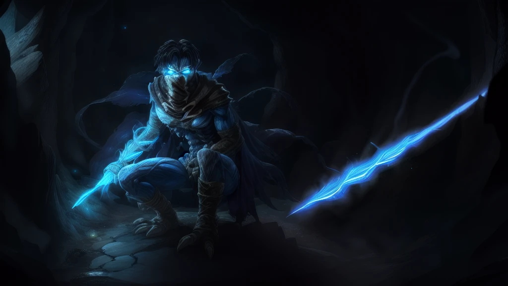 insane details, soft, (realistic:1), (highly detailed:1.2), masterpiece, 8k uhd, digital art, photo realistic illustration of raziel,(wearing neck gaiter), dutch angle, glowing white eyes ,looking away, from below, cave in background,light particles, iluminated by blue light, holding the soul reaver, magical sword, squatting,