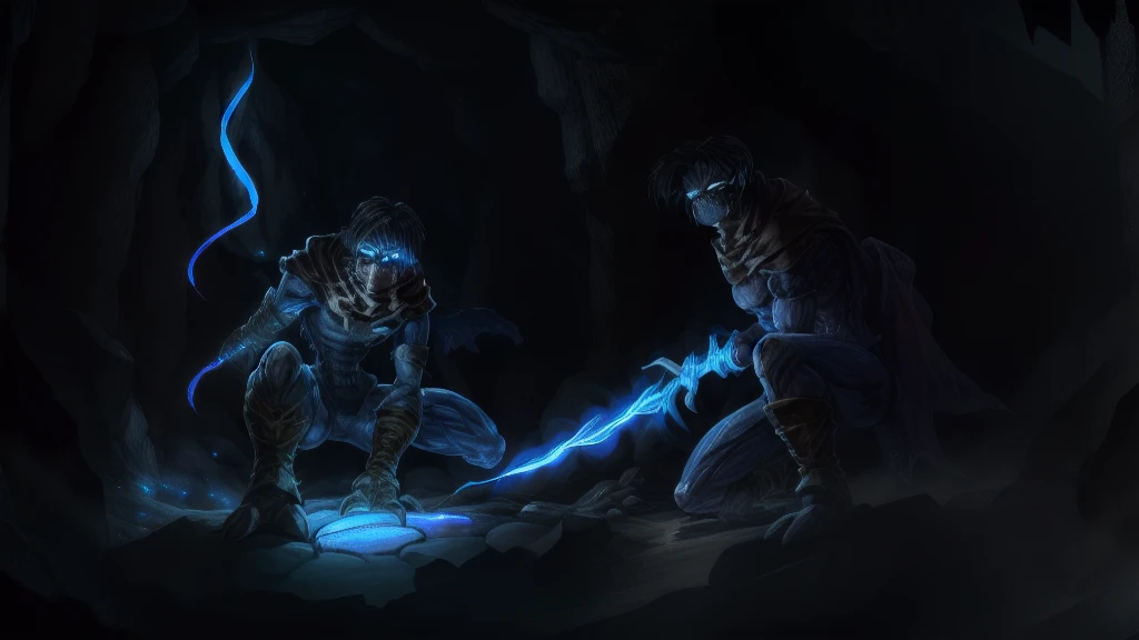 insane details, soft, (realistic:1), (highly detailed:1.2), masterpiece, 8k uhd, digital art, photo realistic illustration of raziel,(wearing neck gaiter), dutch angle, glowing white eyes ,looking away, from below, cave in background,light particles, iluminated by blue light, holding the soul reaver, magical sword, squatting,