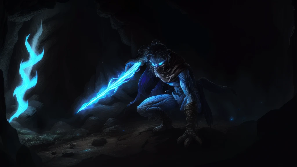 insane details, soft, (realistic:1), (highly detailed:1.2), masterpiece, 8k uhd, digital art, photo realistic illustration of raziel,(wearing neck gaiter), dutch angle, glowing white eyes ,looking away, from below, cave in background,light particles, iluminated by blue light, holding the soul reaver, magical sword, squatting,